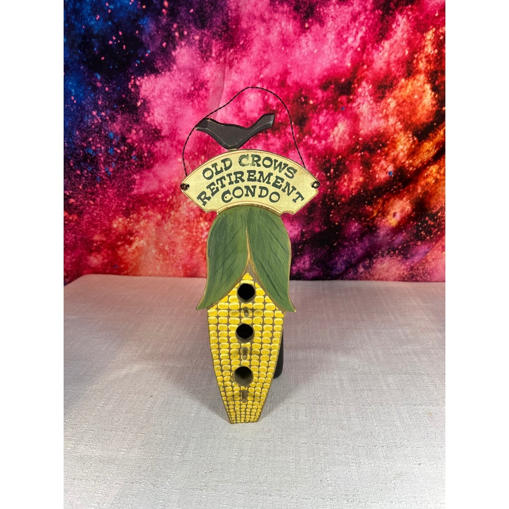Vintage Folk Art Wooden Birdhouse Old Crows Retirement Condo Corn Design 13.5in
